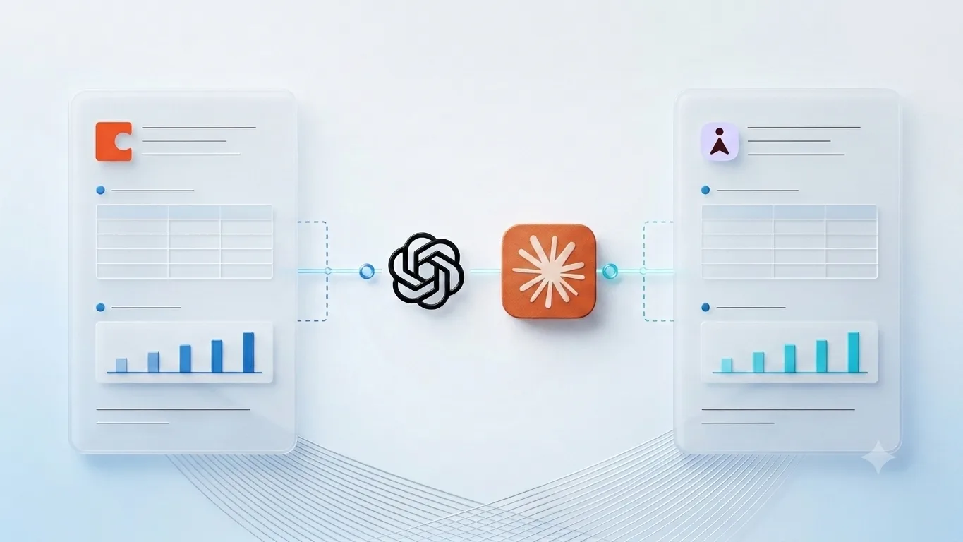 A Coda doc and a Superhuman Docs doc exchanging structured data directly through AI assistants, with no copy-paste step between them